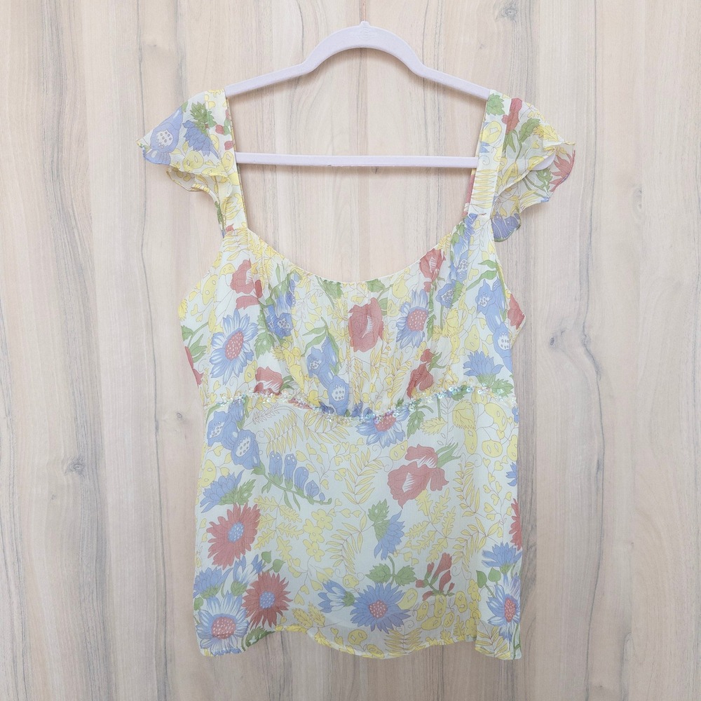Y2K NY Collection Womens Silk Babydoll Top XL Butter Yellow‎ Floral Sequin Fairy